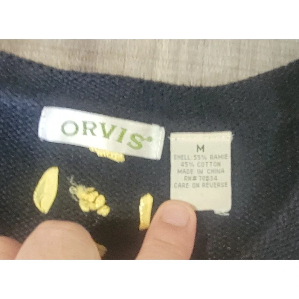 Orvis Women's Medium Cardigan  Button Up Sweater Flowers Daisy's‎ Navy Blue
